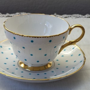Shelley Fine Bone China &quot; Turquoise Polka Dot&quot; Cup and Saucer *perfect* For Easter, Birthdays, Weddings, Anniversary.