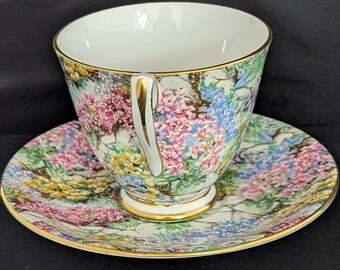 Shelley Rock Garden Chintz Cup and Saucer: Fine Bone China