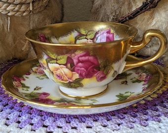 Royal Chelsea Floral Cup and Saucer, Heavy Gold Gilt, Bone China