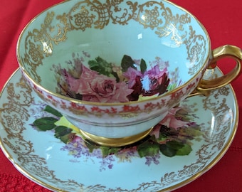 Stanley Bone China Tea Cup and Saucer: Cabbage Roses, Gold Trim