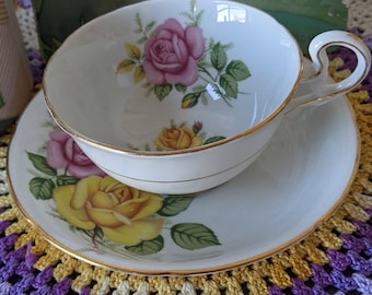 Vintage Royal Grafton Bone China Cup and Saucer: Pink & Yellow Roses, Gold Accents
