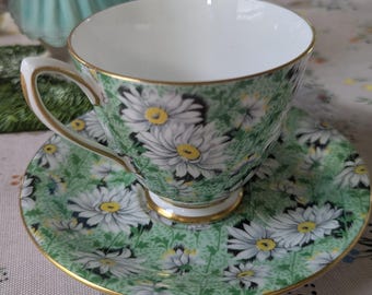 Shelley Fine Bone China Cup and Saucer: Green Daisy Chintz, Rock Garden Pattern