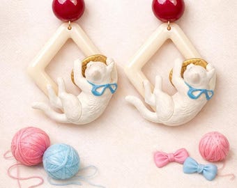 Handmade Cute Cat Earrings, Sleeping White Kitty Dangle Earrings Red Cherry Studs, Unique Cat Jewelry, Gift for Cat Lovers, Animal Jewelry