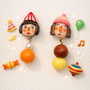 Handmade Cute Girl Face Earrings, Asymmetrical Character Dangle Jewelry, Funny Playful Kawaii Art Doll Gift for Her Best Friend Birthday