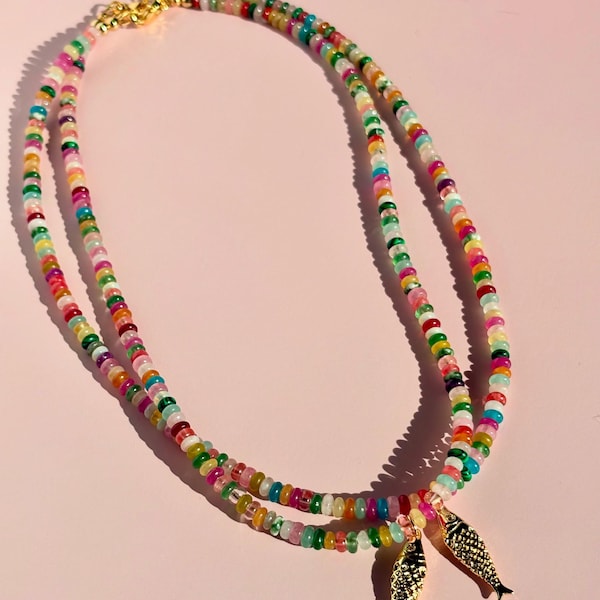 Colorful Beaded Necklace - Gold-Plated Fish Charm - Handmade