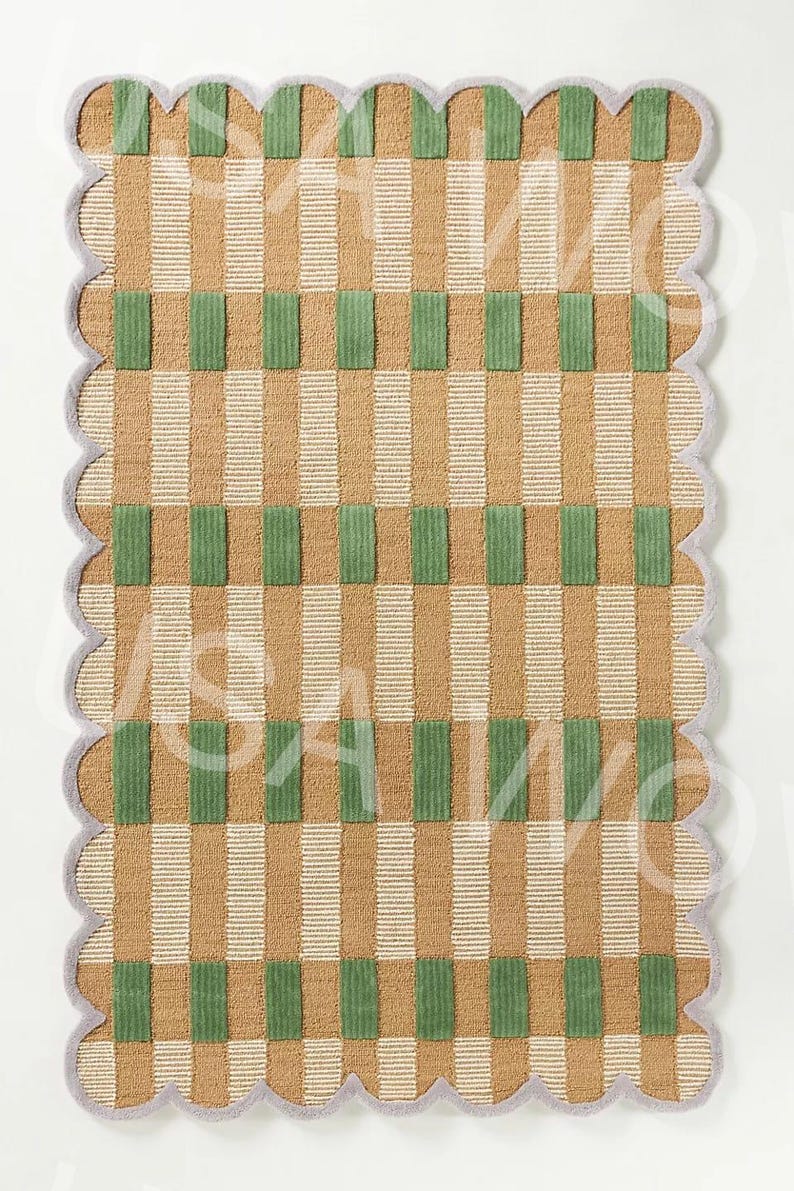 Handmade Checkered Scalloped Edge Rug – Retro Green, Beige & Cream ...
