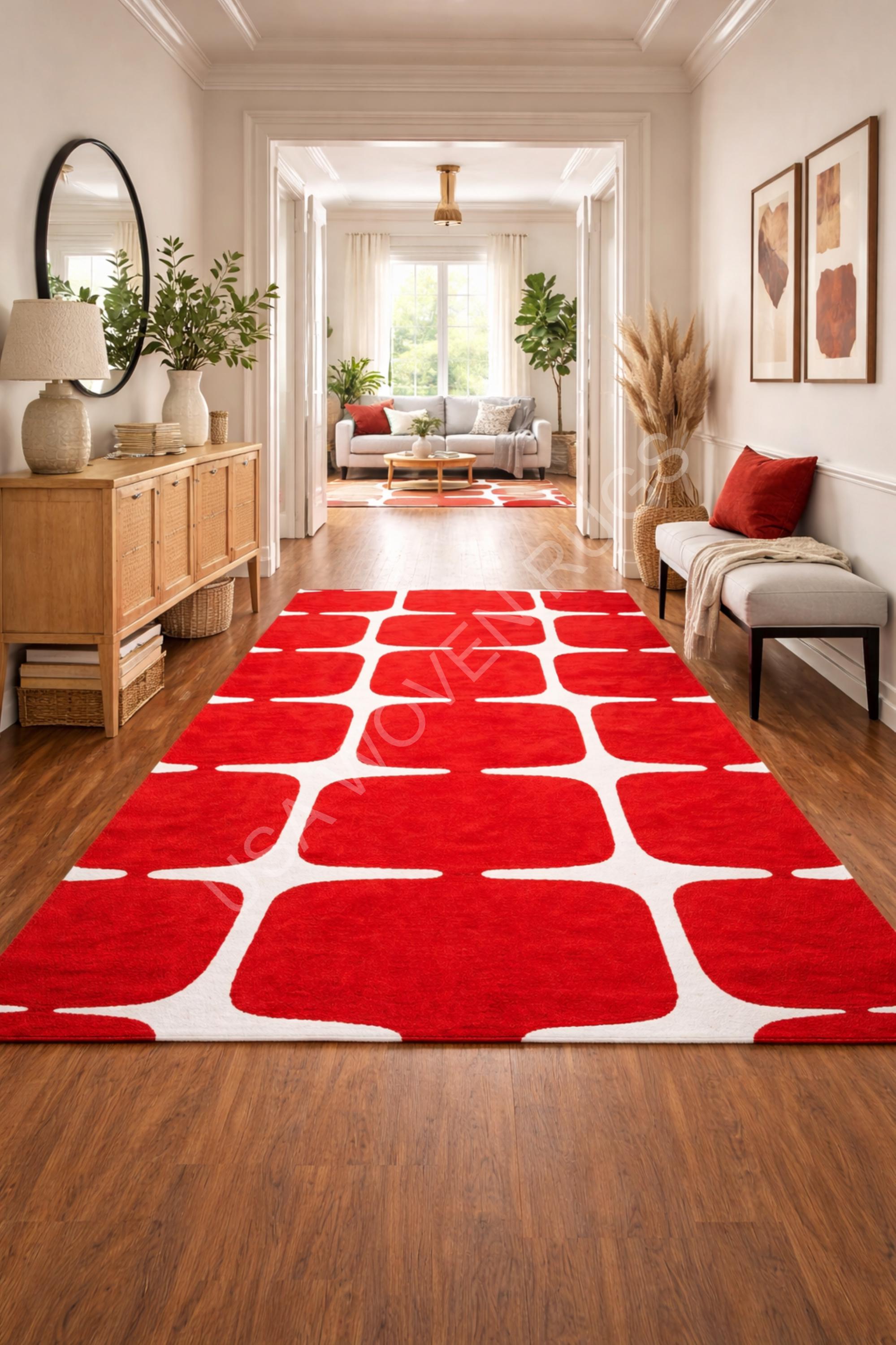 Hand Tufted Wool Area Rug, Red and White Abstract Design - Etsy