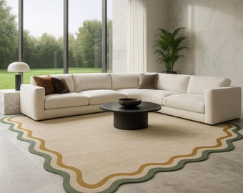 Wavy Border Area Rug – Scalloped Edge Colorful Modern Rug | Neutral Aesthetic Accent Rug for Living Room, Nursery, Bedroom Decor