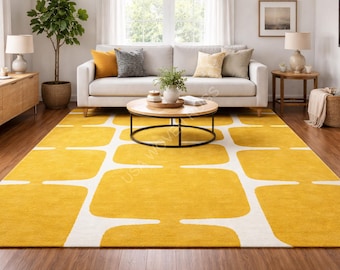 Tufted Yellow Rug, Modern Yellow and White Designer 8x10 Ft Large Area Rug for Living Room, Bedroom, Nursery, Minimalist Interior Decor