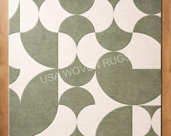 Modern Abstract Area Rug, Handmade Tufted Wool Rug, Sage Green and Cream Geometric Carpet, Contemporary Minimalist Living Room Rug