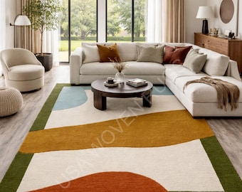 Abstract Wool Area Rug: Hand-Tufted Geometric Carpet, Mustard, Orange, Blue
