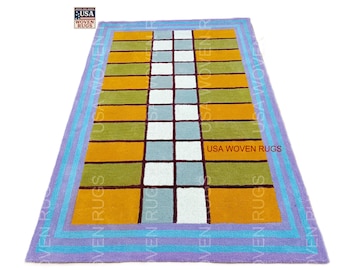 Alfombra de lana multicolor de 2,4 x 3 m, hecha a mano, con diseño rectangular, para dormitorio, sala de estar y habitación infantil. Tamaño personalizado.