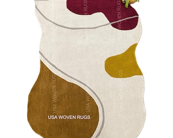 Hand Tufted Wool Rug: Irregular Wavy Design, Maroon, Mustard, Burnt Orange