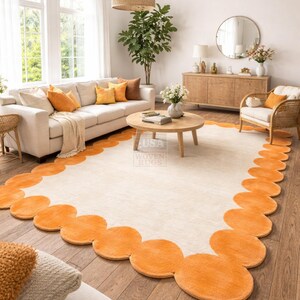 Geschulpt randtapijt, crème en oranje tapijt, handgetuft wollen tapijt, modern minimalistisch tapijt voor woonkamer, slaapkamerinrichting