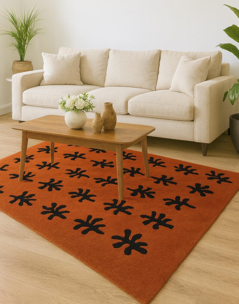 Color Jug Rug Handmade Wool Area Rug – Rust Red Abstract Floral, Modern Accent Carpet ...