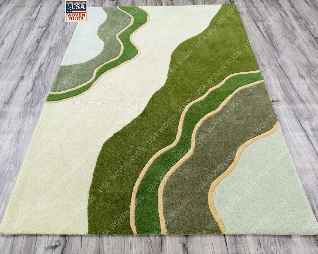 Green Abstract Wave Wool Rug - Modern Tufted 8x10 Area Carpet - Etsy
