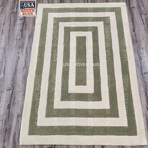 Modern Sage Green and Beige Geometric Area Rug | Hand-Tufted Wool Rug | Contemporary Rectangle Carpet for Living Room & Bedroom