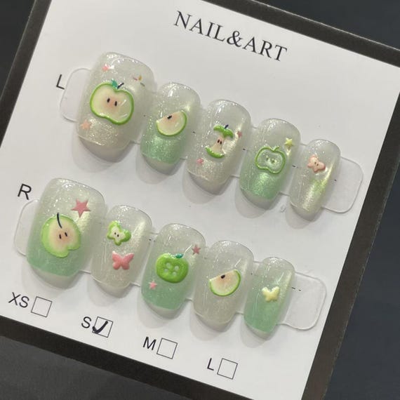 Handmade Apple Butterfly Press On Nails, Reusable Short Square Nails