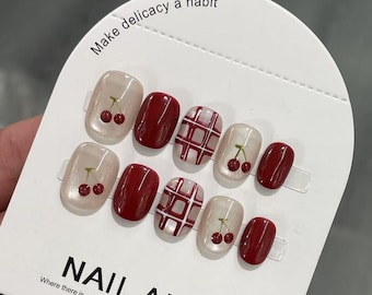 Handmade Cherry Press On Nails, Short Ellipse, Reusable