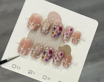 Handmade Flower Press On Nails, Reusable Short Square Nails