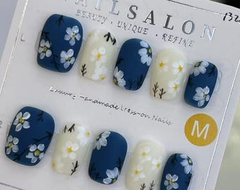 Handmade Flower Press On Nails, 3D Art, Reusable, Summer Style
