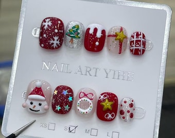 Handmade Christmas Press On Nails, Snowman Tree Art, Reusable