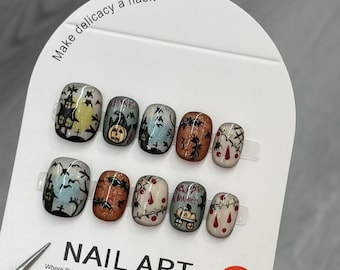 Handmade Halloween Press On Nails, Ghost Pumpkin Bat Design, Reusable
