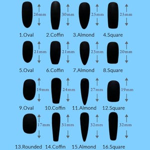 May include: A chart displaying sixteen different matte black nail shapes, including oval, coffin, almond, and square. Each shape is labeled with a number and has measurements in millimeters, with lengths ranging from 17mm to 32mm.