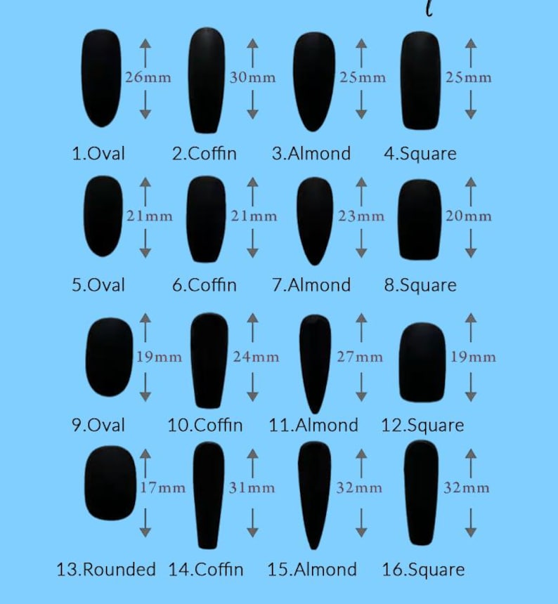 May include: A chart displaying sixteen different matte black nail shapes, including oval, coffin, almond, and square. Each shape is labeled with a number and has measurements in millimeters, with lengths ranging from 17mm to 32mm.