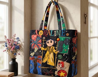 Coraline Quilted Tote Bag, Spooky Cute Canvas Handbag, Gothic Aesthetic Shopper, Other Mother Tote, Creepy Cute Book Bag for Her