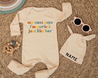 My Aunt Says I’m Perfect Just Like Her Bodysuit And Hat Set , Funny Baby Bodysuit , Baby Shower Gif , Gift from Aunt,  Aunties Bestie
