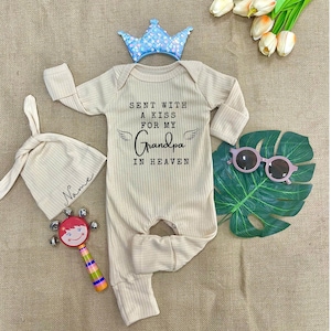 Sent With A Kiss By My Grandma In Heaven Baby Bodysuit, Custom, Baby Shower Gift, Guardian Angel, Personalized Baby Bodysuit, Feather, Birds