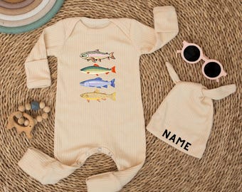 Cute Fish Baby Bodysuit And Hat Set, Going Fishing baby, Retro Fish Baby Shower, Gift for Newborn Clothes, Cute Fishing, Minimalist Baby