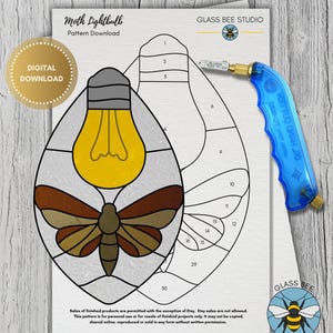 May include: A digital download pattern for a stained glass project featuring a moth inside a lightbulb shape. The design includes a yellow light, a brown moth, and numbered sections for glass cutting. The text "Moth Lightbulb Pattern Download" is visible.