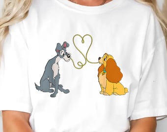 ディズニー わんわん物語 ラブシャツ、かわいい犬のカップルTシャツ、スパゲッティハートデザイン、ロマンチックなカップルTシャツ、バレンタインギフト、ディズニースタイルTシャツ