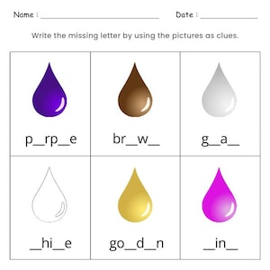 Hoja de trabajo de letras faltantes para colorear / Práctica de ortografía de colores imprimible para niños / Aprendizaje preescolar y jardín de infantes (PDF)