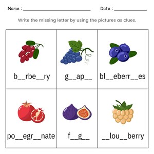 Hoja de trabajo de letras faltantes de frutas / Juego del alfabeto para niños / Actividad de ortografía imprimible / Aprendizaje de inglés como segundo idioma (PDF)
