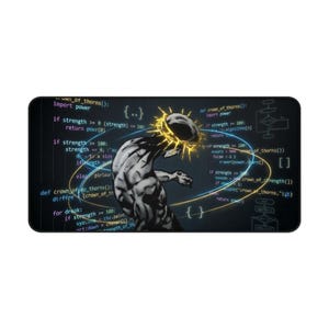 Op de afbeelding: Een zwart rechthoekig muismat met een gestileerde illustratie van een figuur met een gouden doornenkroon, omringd door code en gloeiende lijnen. Het ontwerp bevat programmeercode-elementen.