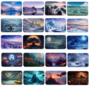 Puede incluir: Una colección de 16 impresiones artísticas de paisajes que representan diversas escenas de fantasía. Cada impresión muestra un entorno único, incluyendo montañas, lagos, bosques y castillos, con colores vibrantes e ilustraciones detalladas. El estilo artístico recuerda a las pinturas digitales.