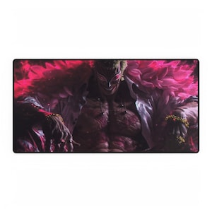 May include: A rectangular mouse mat featuring a detailed illustration of a character with a mask and a feathered collar. The artwork is dominated by shades of red and pink, with a black border.