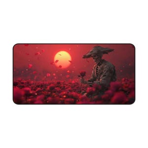 May include: A mousepad depicting a surreal scene with a skeleton holding a red rose in a field of red flowers under a red sky with a large sun. The skeleton wears a traditional hat and clothing. The overall theme is dark fantasy.