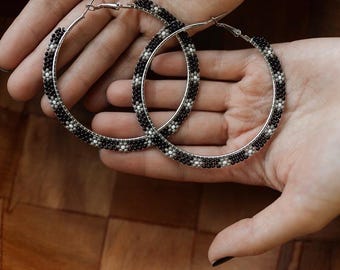 Flower Patterned Beaded Brick Stitch Hoop Earrings – 2.5" Black, Grey & White – Cherokee Handcrafted Beadwork