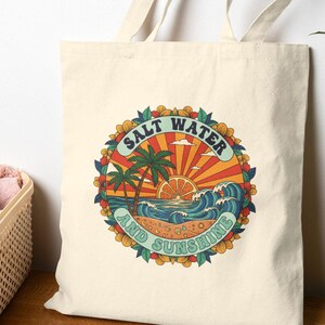 Draagtas met zout water en zonneschijn – canvas retro strandtas, boho zomercadeau, draagtas tropische vakantie