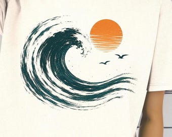 Ozeanwellen-Shirt, minimalistisches Strand-Sonnenuntergangs-T-Shirt, sommerliches Küsten-T-Shirt, Retro-Ozeanwellen-T-Shirt, Strandurlaubs-Shirt