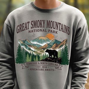 Sweatshirt met afbeelding van de Great Smoky Mountains, trui uit Tennessee en North Carolina, trui met afbeelding van een beer uit het nationale park, cadeau voor bergliefhebbers.