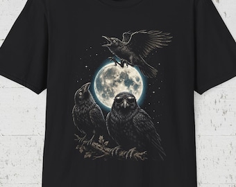 Rolig kråkamåneskjorta, gotisk korp-t-shirt, mörk humorfågelskjorta, retro kråka-t-shirt, gotisk kråka-t-shirt, häxig natthimmel-t-shirt