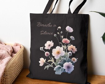 Floral Botanical Tote Bag, Breathe in Silence Canvas Bag, Nature Art Shopper, Minimal Nordic Tote
