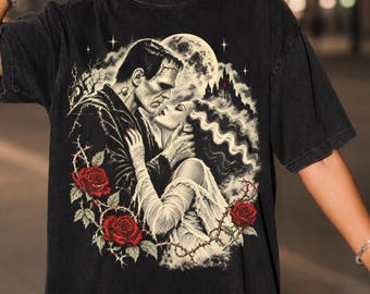 Comfort Colors Couple Halloween Shirt, Gothic Monster Romance Tee, Spooky Lovers T-Shirt, Classic Horror Couple Gift Tee