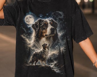 Camiseta Comfort Colors Pastor Australiano, Camiseta Perro Aussie Iluminado por la Luna, Camiseta Perro de Montaña, Camiseta Regalo para Amantes del Pastor Australiano