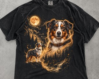 Comfort Colors T-shirt met Australische Herder, Golden Moon Aussie T-shirt, T-shirt met berghond, T-shirt als cadeau voor moeder en vader van een Australische Herder.